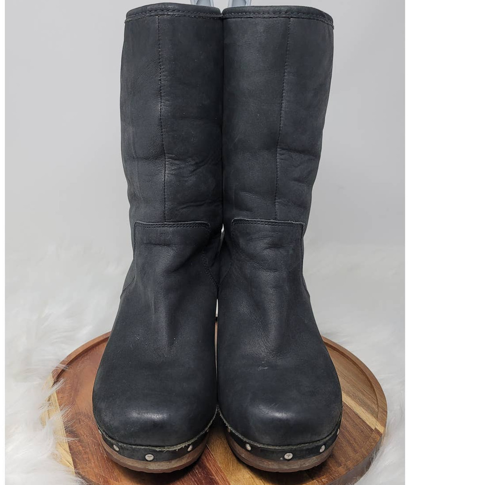 Ugg Australia Lynnea Black Suede Cream Shearling Wood 2" Heel Women's Boots 8